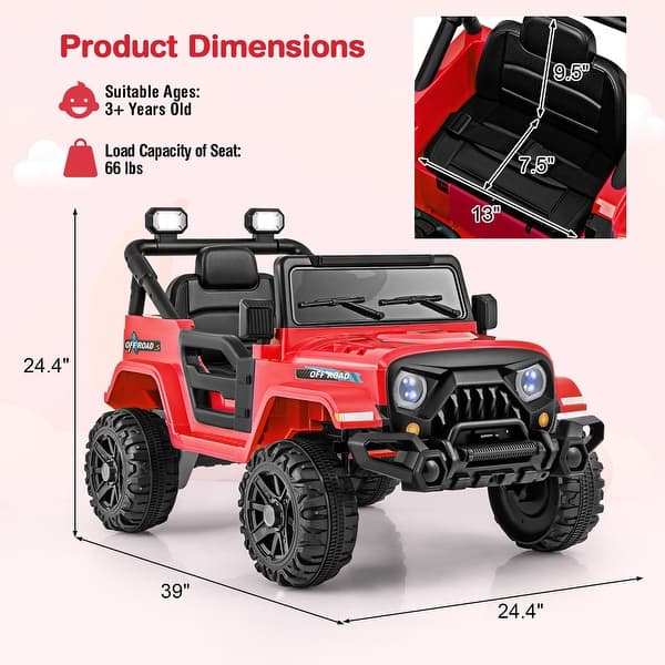 dimension image slide 1 of 4, Gymax 12V Kids Ride on Truck Car w/Remote Control Threaded Wheels 3