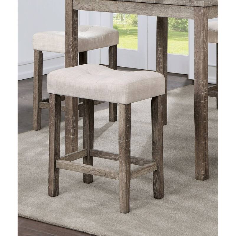 5-Piece Counter Height Dining Set with Gray Table and Beige Linen-like Upholstered Stools, Farmhouse-Inspired Rustic Charm