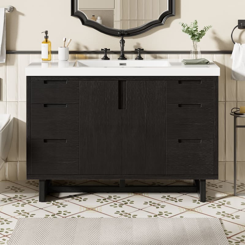 47.2" Space-Saving Bathroom Vanity with Resin Sink, 2 Doors & 6 Drawers, Soft-Close Hardware - Black