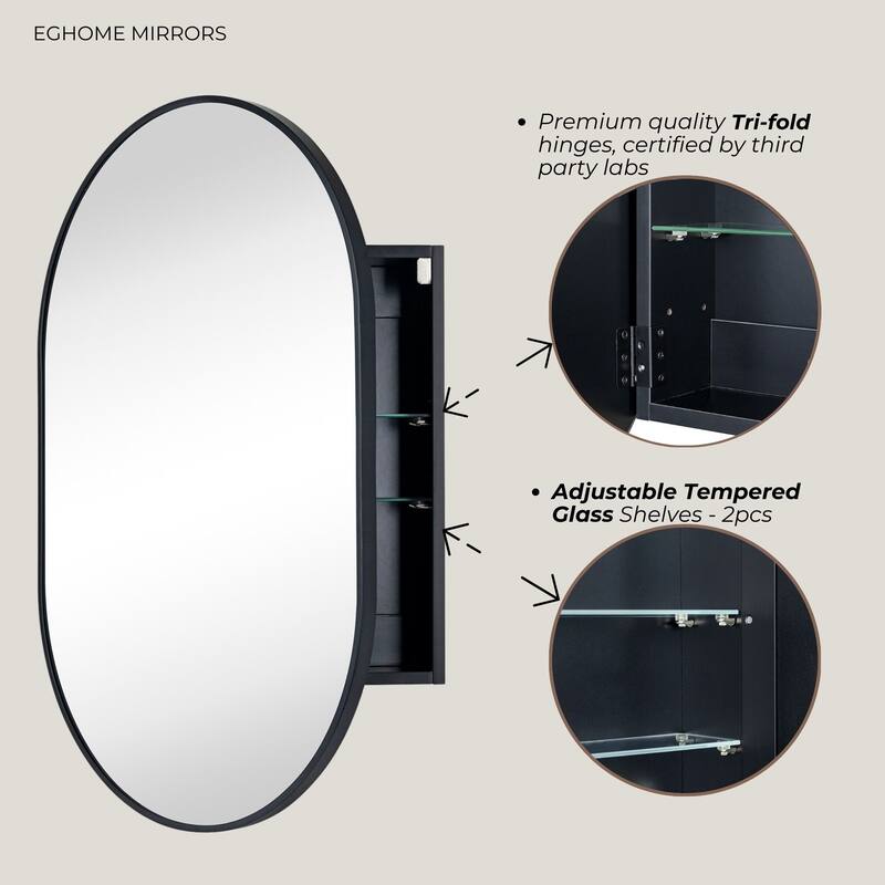 Surface Mount Black Pill Bathroom Medicine Cabinet with Mirror and adjustable shelves - 20" x 30"