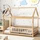 preview thumbnail 25 of 28, Twin Size Wooden Floor Bed with House Roof Frame, Fence Guardrails for Kids, Bedroom Twin - Natural