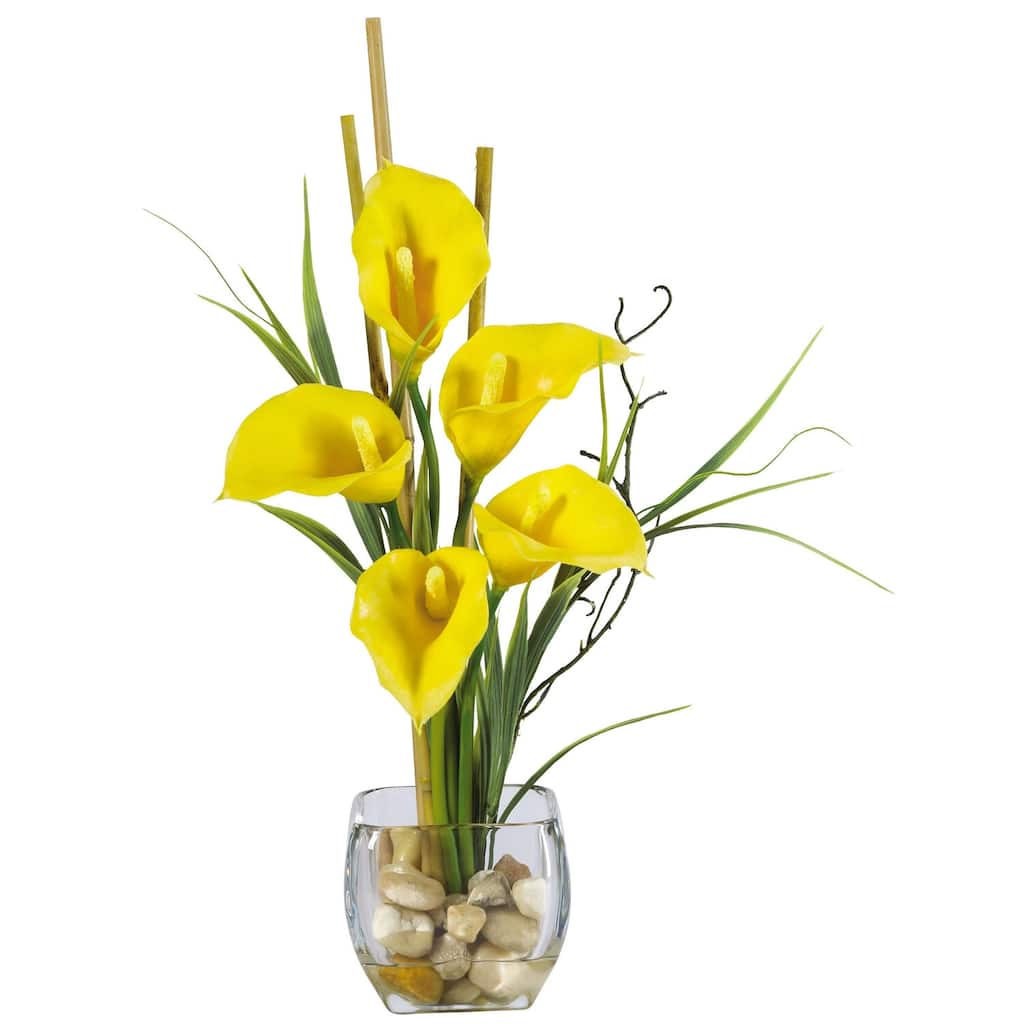 Silk Lily Flower Arrangement - Realistic Artificial Flowers in Vase - Home Decor Centerpiece - Yellow - 8