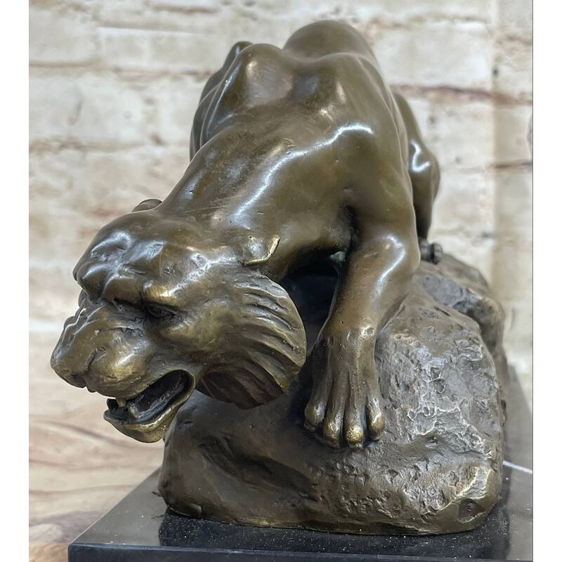 Sabre Tooth Tiger Lion Panther Bronze Sculpture Statue On Marble Base