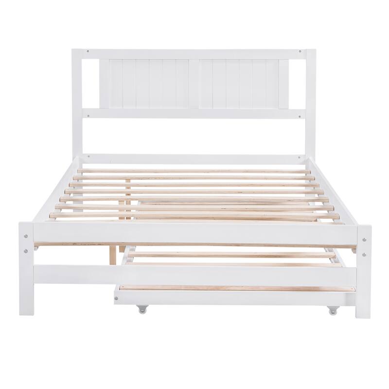 Adjustable Trundle Full Size Platform Bed - Pine Wood Frame with Stable Headboard, for Small Spaces or Guest Rooms