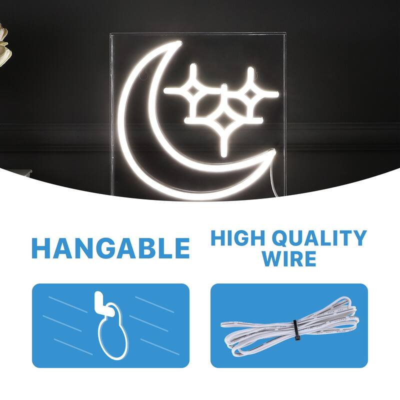 Starry Crescent 10" Square Contemporary Glam Acrylic Box USB Operated LED Neon Light, White by JONATHAN Y