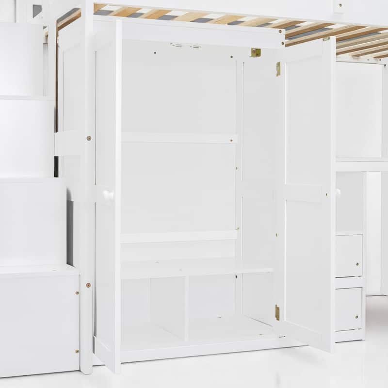 Twin/Full Size Loft Bed with Desk, Wardrobe, Drawers & Stairs, Wood Frame Study Bed with Storage for Kids/Teens