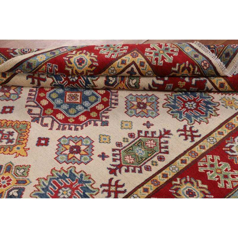 Geometric Ivory Kazak Oriental Area Rug Handmade Wool Carpet - 5'2" x 6'6"