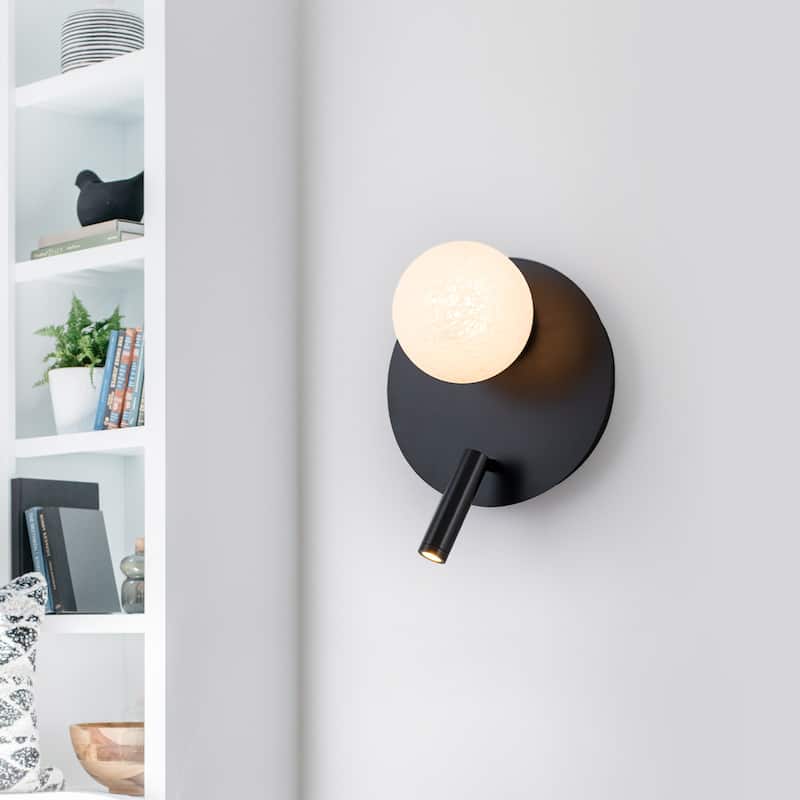Black Dual-Light Wall Sconce with Textured Moon Glass Globe Modern
