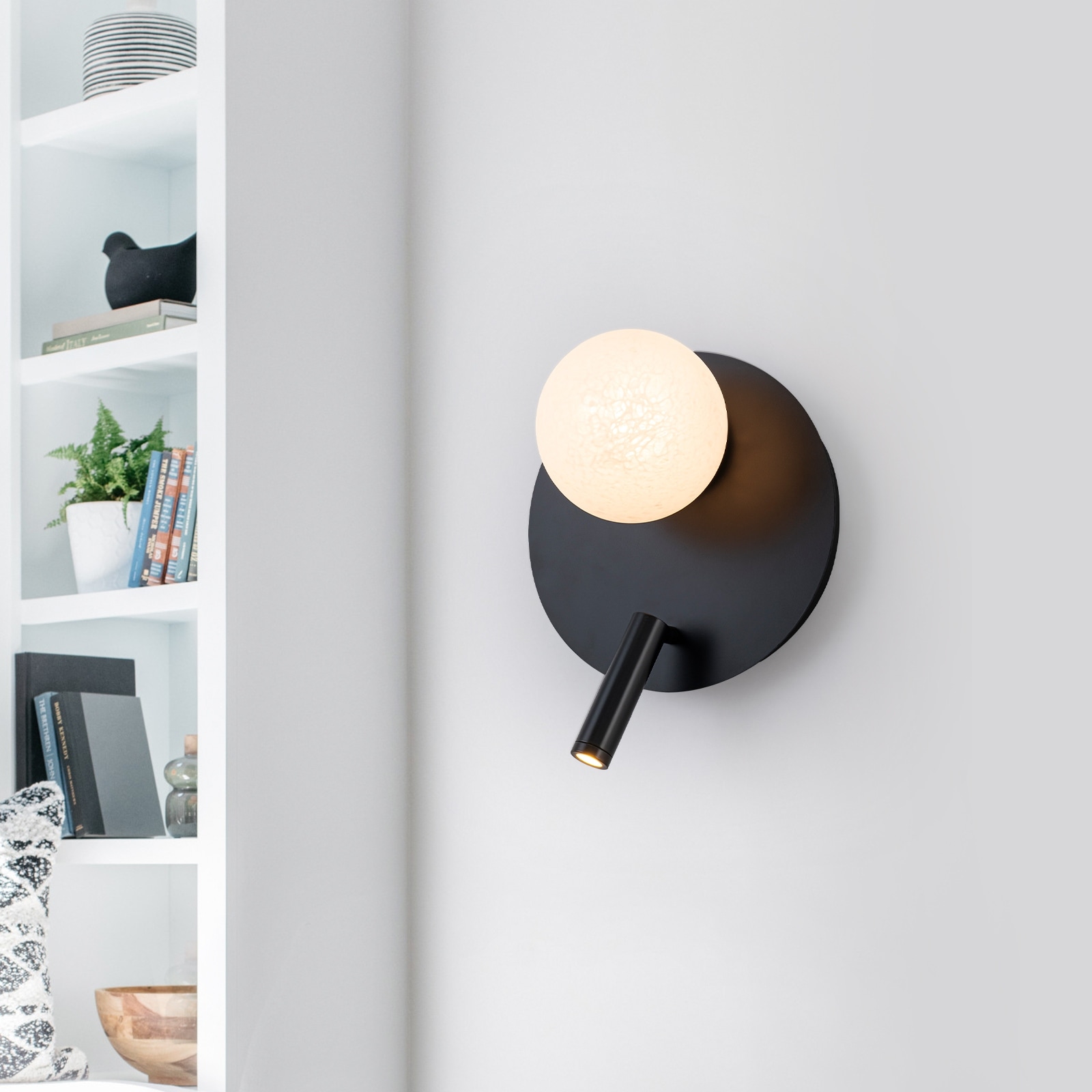 Black Dual-Light Wall Sconce with Textured Moon Glass Globe Modern