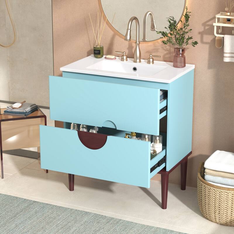 30'' Bathroom Vanity Cabinet with Ceramic Sink Combo Set, Solid Wood Frame Modern Bathroom Storage Cabinet with 2 Drawers, Blue