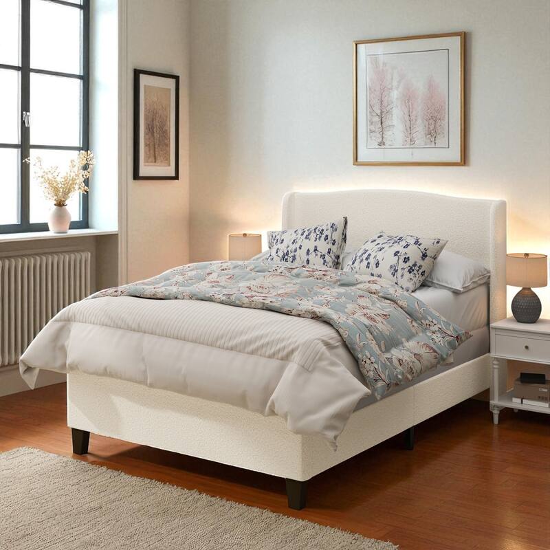 Twin/Queen/King Platform Bed, 49.21 in Upholstered Headboard, Teddy Velvet, 12-Slat Support, Solid Wood Legs, White - White - Queen