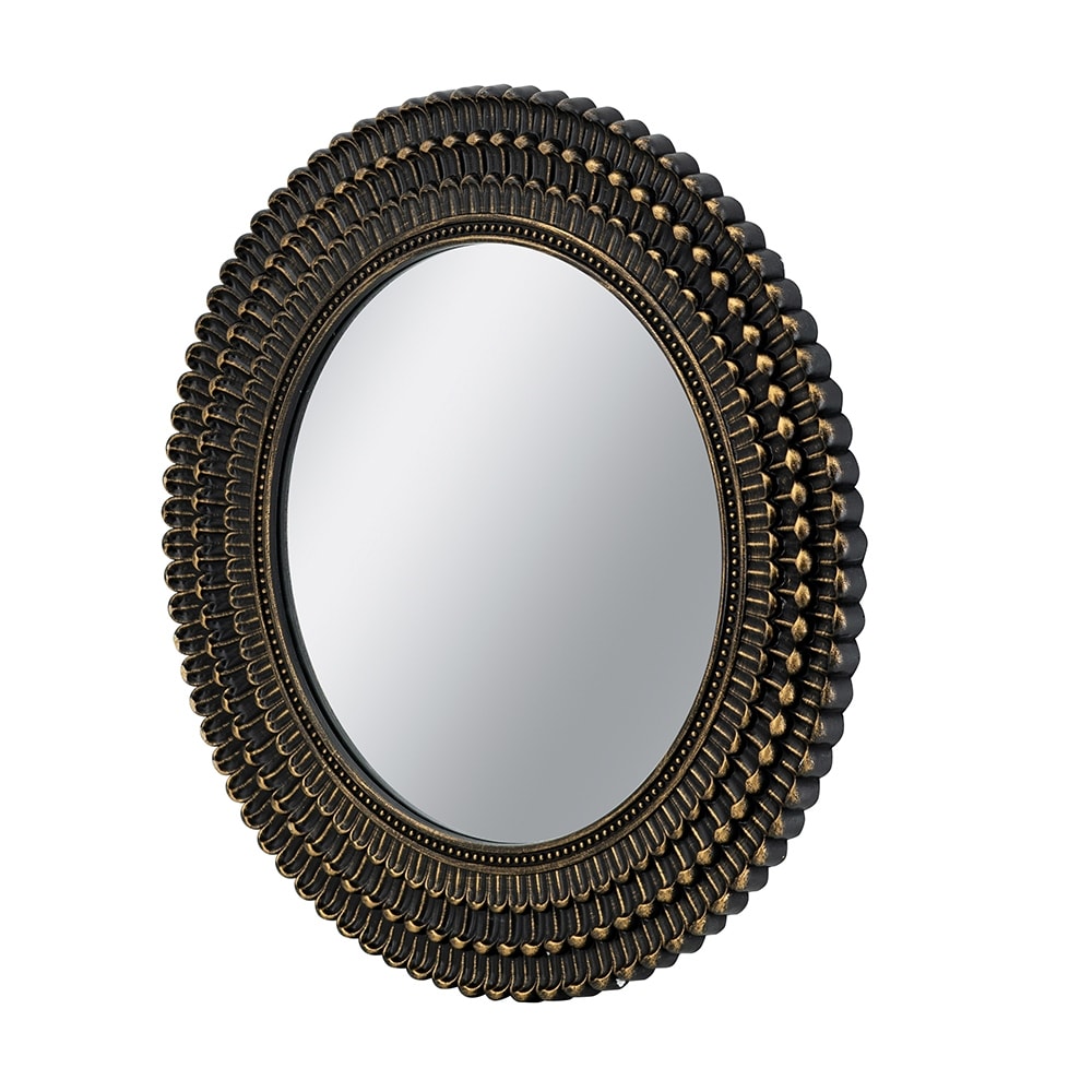 D26.5" Round Black And Gold Wooden Accent Mirror With Woven Texture