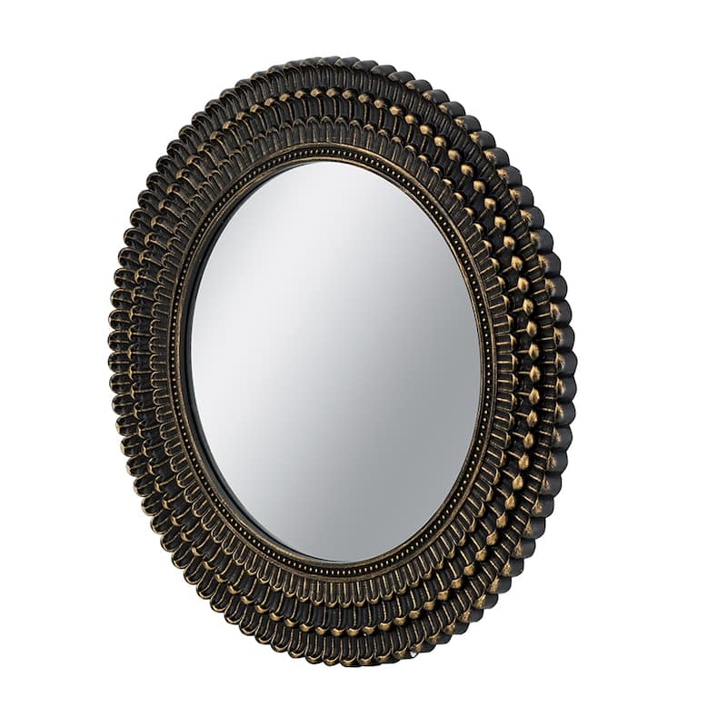 D26.5" Round Black And Gold Wooden Accent Mirror With Woven Texture - Black