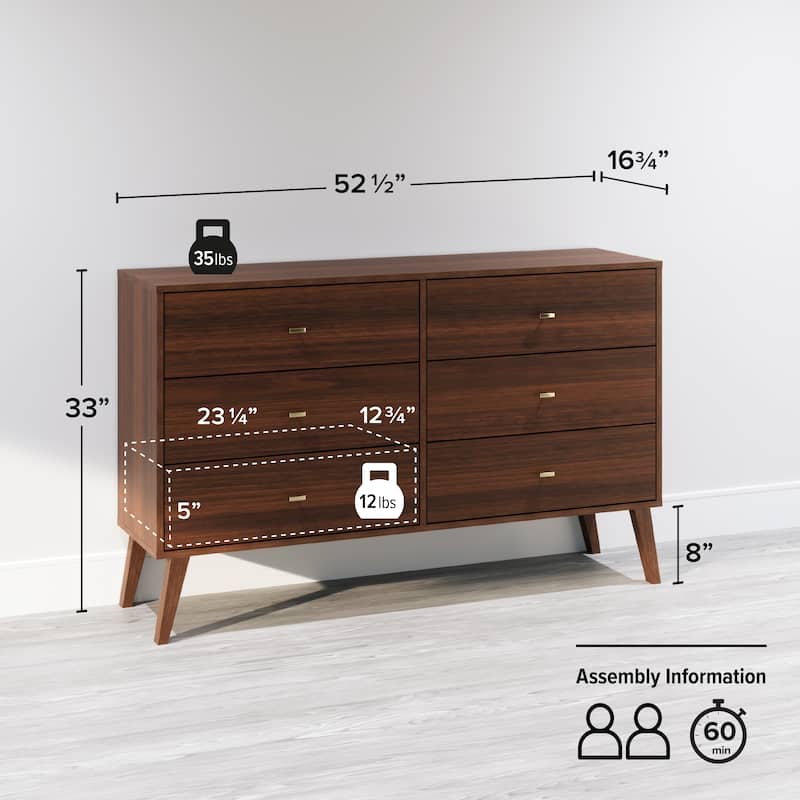 Prepac Milo Mid-Century Modern 6 Drawer Double Dresser for Bedroom, Chest of Drawers, Contemporary Bedroom Furniture