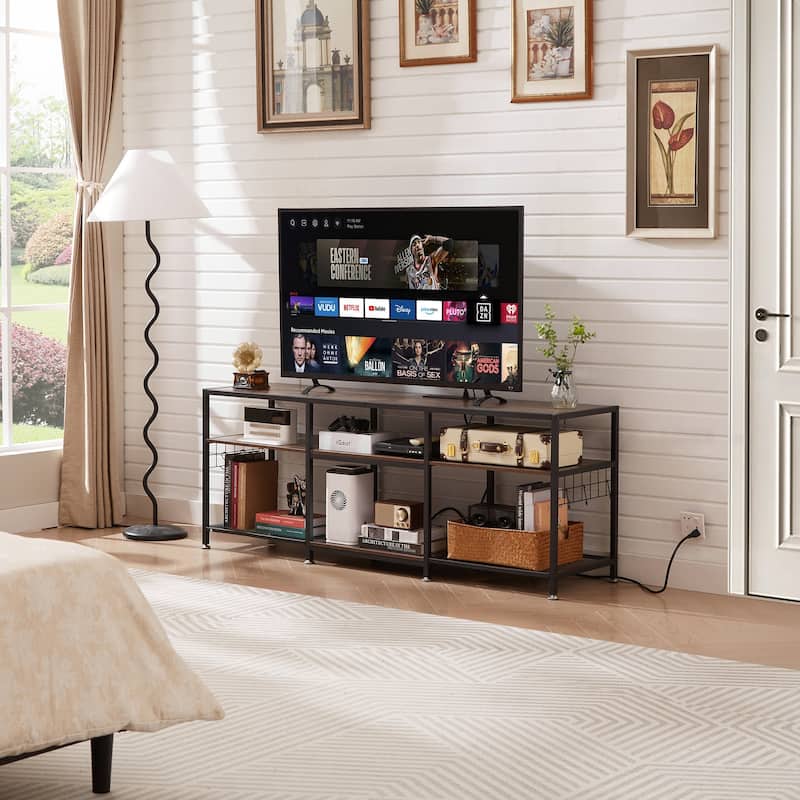 VECELO Wood TV Stand with Charging Station with Metal Frame, Storage Shelves Entertainment Center TV Cabinet