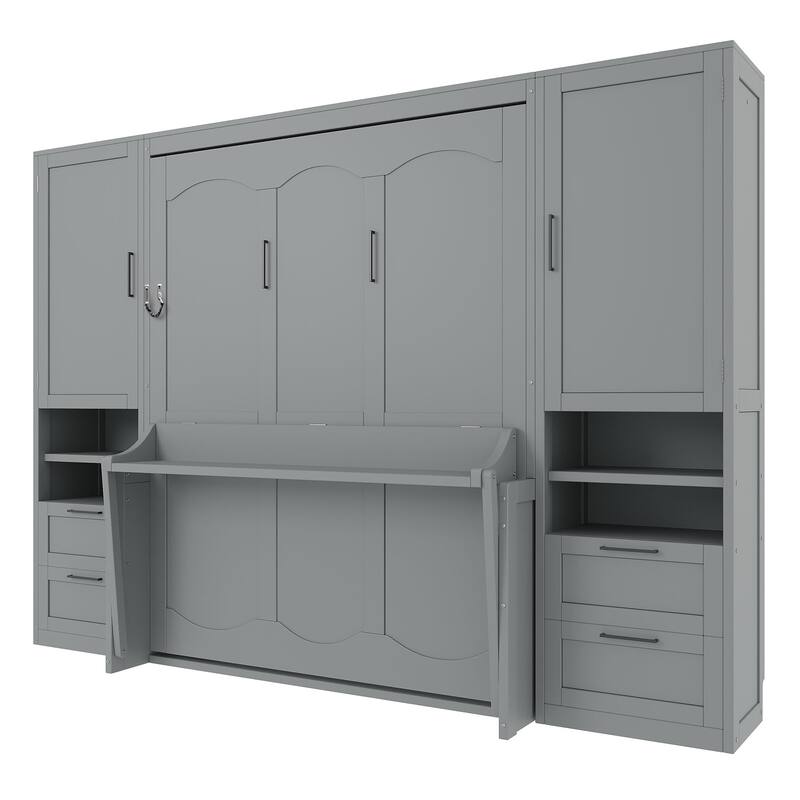 Roomfitters Full/Queen Size Murphy Bed Wall Bed with Shelves, Wardrobe and Lighting