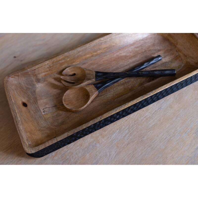 Wooden Carved Rectangular Dough Bowl Natural & Black Length 21" -ST - Black & Natural - Black & Natural