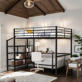 Industrial Modern Full Size Metal Loft Bed with Desk and Lateral Storage Ladder, Sturdy Construction & Safety Guaranteed, Black