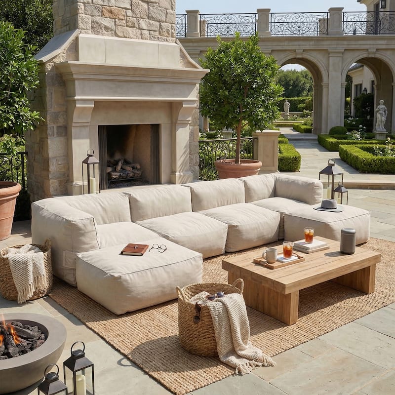 Christopher Knight Home - Nerissa 6-Piece Modular Outdoor/Indoor Bean Bag Sectional Sofa Set with Shredded Foam Filled & Ottoman - Beige