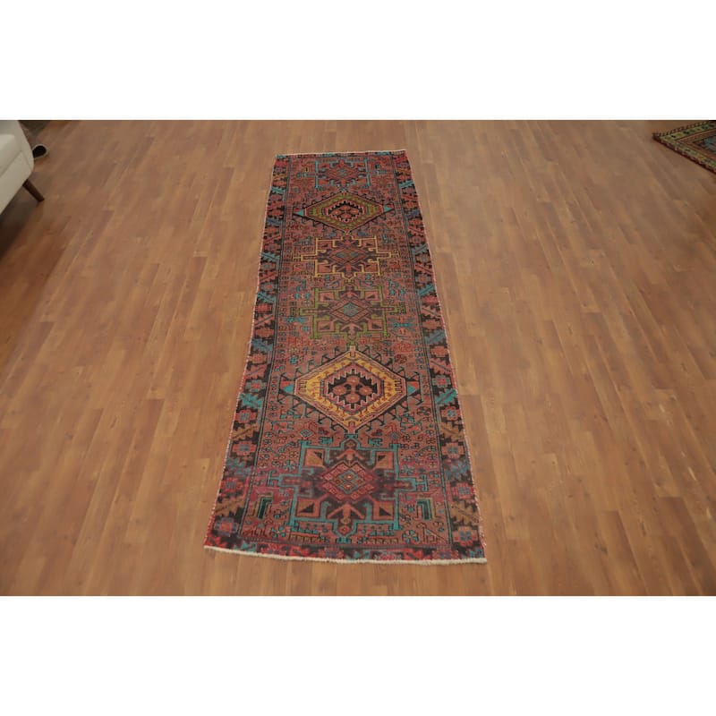 Hand Knotted Oriental 100% Wool Carpet Traditional Geometric Pink Heriz Runner Rug - 9' 5'' X 3' 0''