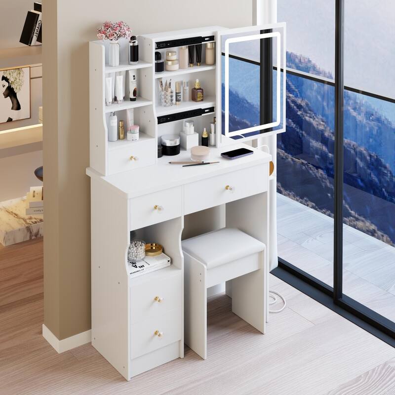 Small Vanity Desk with Sliding Mirror and LED Lights, Makeup Dressing Table with Drawers, Stool & Hair Dryer Bracket