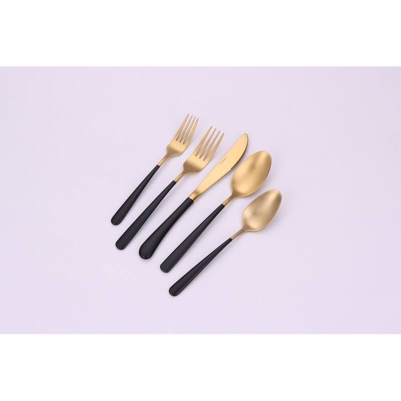 20 Pc Flatware Set Matte Gold With Black Handles - Service For 4
