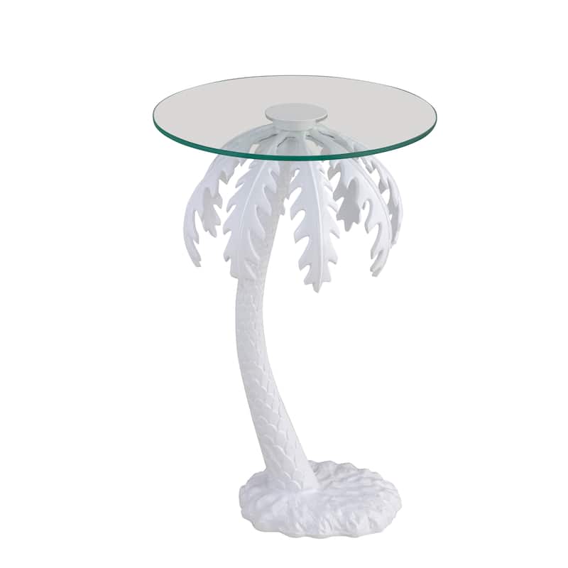 Hedda 24.75" Glass Top Metal Palm Tree End Table, White, by JONATHAN Y - White/Clear - Glass