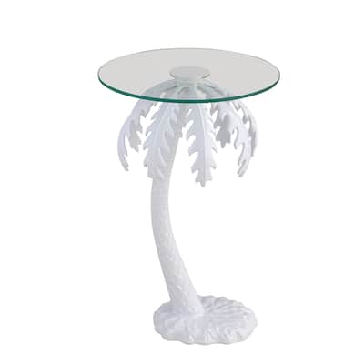 Hedda 24.75" Glass Top Metal Palm Tree End Table, White, by JONATHAN Y