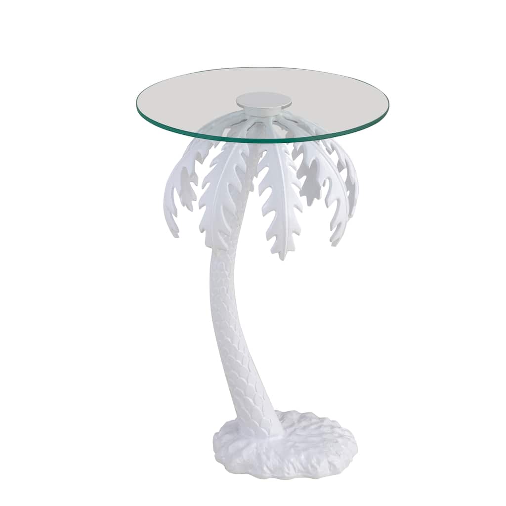 Hedda 24.75" Glass Top Metal Palm Tree End Table, White, by JONATHAN Y