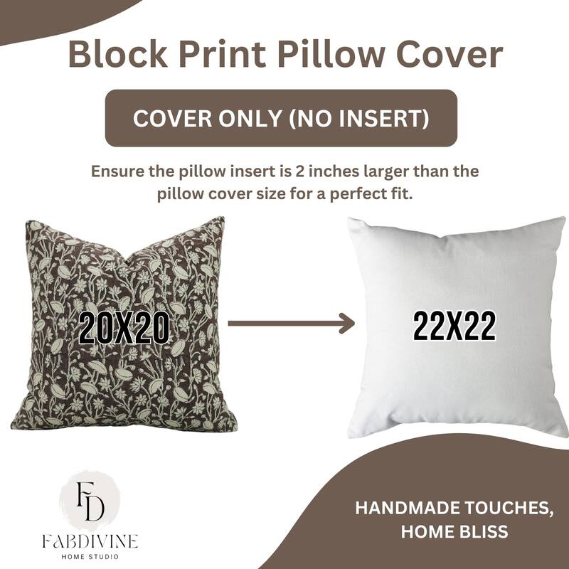 Fabdivine Block Print 12x20 Inch Pillow Cover Pure Linen Floral Farmhouse Decor Accent for Brown Soft, Cushion Case, Kanak Buti