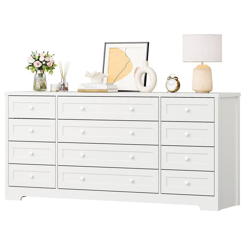 Dresser for Bedroom,Withe Long Wood Dresser with 12 Drawers,Storage Chest of Drawers with Plug-in Charging Hub