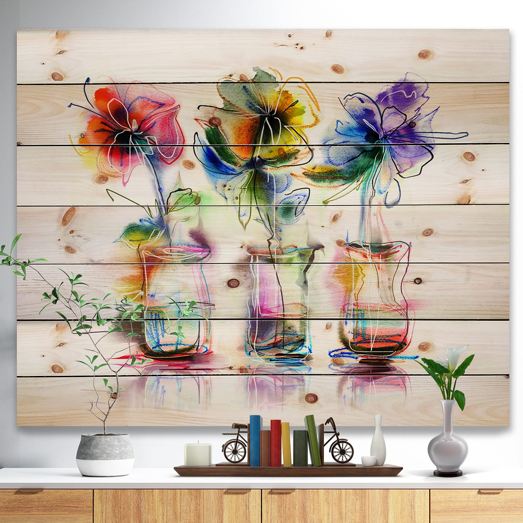 Designart 'Abstract Flowers In Glass Vases' Nautical  Coastal Wood Wall Art  Natural Pine Wood Bed Bath  Beyond 36738752