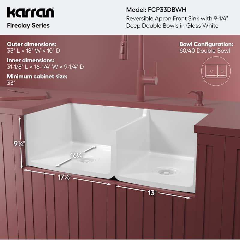 Karran 33" Double Bowl Panel Front Farmhouse Fireclay Kitchen Sink with Reversible Apron Front