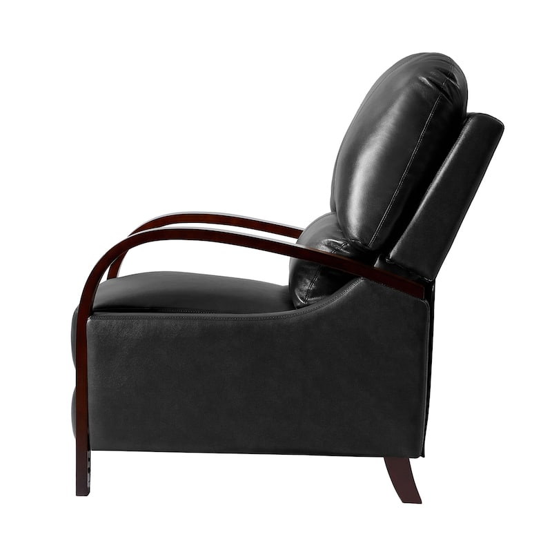Alex Mid-century Modern Genuine Leather Manual Recliner with Wooden Curved Arms