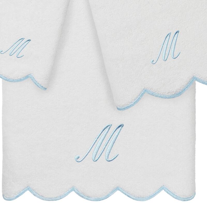 Authentic Hotel and Spa 100% Turkish Cotton Blue ADORNIA Scallop Personalized 3 Piece Towel Set - 3 Piece Set