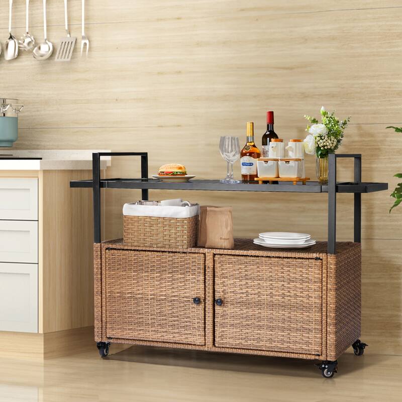 Outdoor Wicker Bar Cart Table with Storage and Wheels - 51.2" x 19.7" x 35.4"