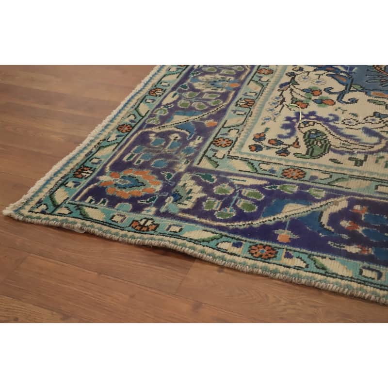 Hand Knotted Oriental 100% Wool Carpet Traditional Floral Navy Blue & Blues Tabriz Area Rug - 9' 4'' X 6' 9''
