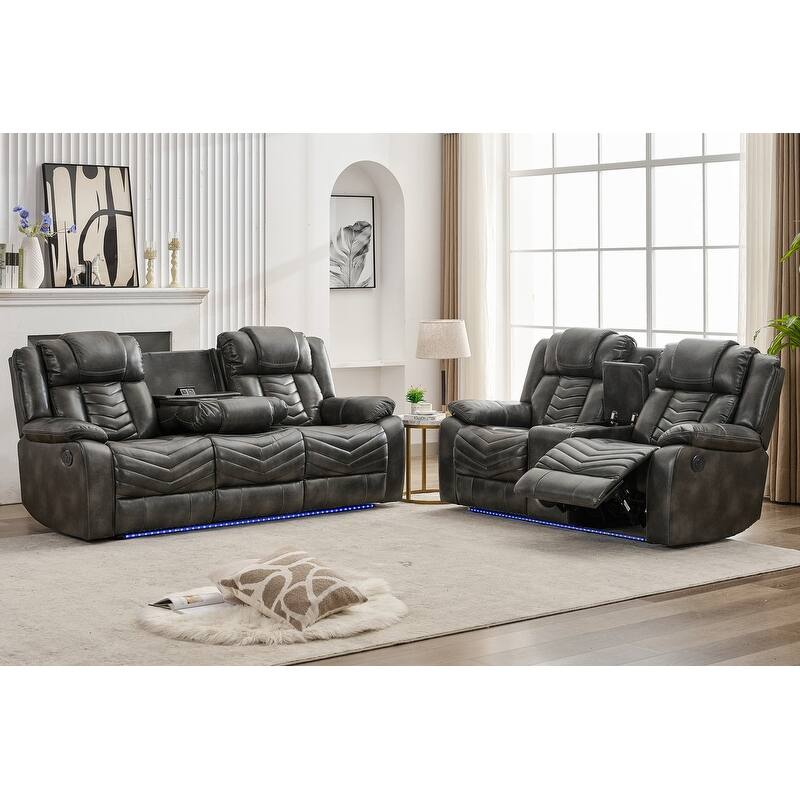 Power Recliner Sofa Set 6-Seater with Zero Gravity,Bass Speaker,Wireless Charger,USB/Type-C Ports,LED Lights,Cup Holders,Gray - Gray-3+2-Seat