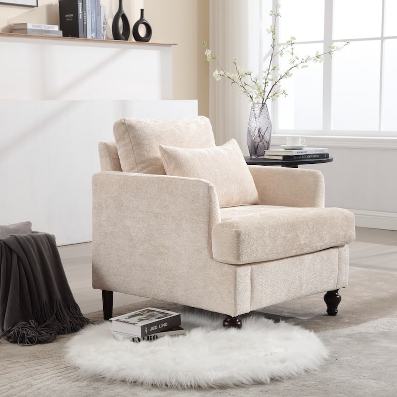 Chenille Fabric Accent Chair, Tufted Upholstered Living Room Chair, Lounge Armchair with Solid Wood Frame & Pillows
