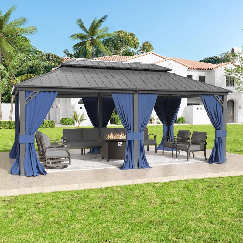 Outdoor Hardtop Gazebo Galvanized Steel Roof & Aluminum Frame, Patio Canopy Pergola w/ Mosquito Net & Curtain - NavyBlue - 12' x 20'
