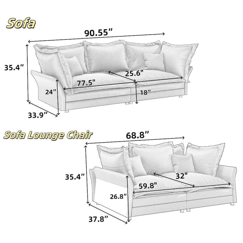 90.55" Modern Comfy Upholstered Sofa Cloud Couch with Multiple Large Soft Pillows