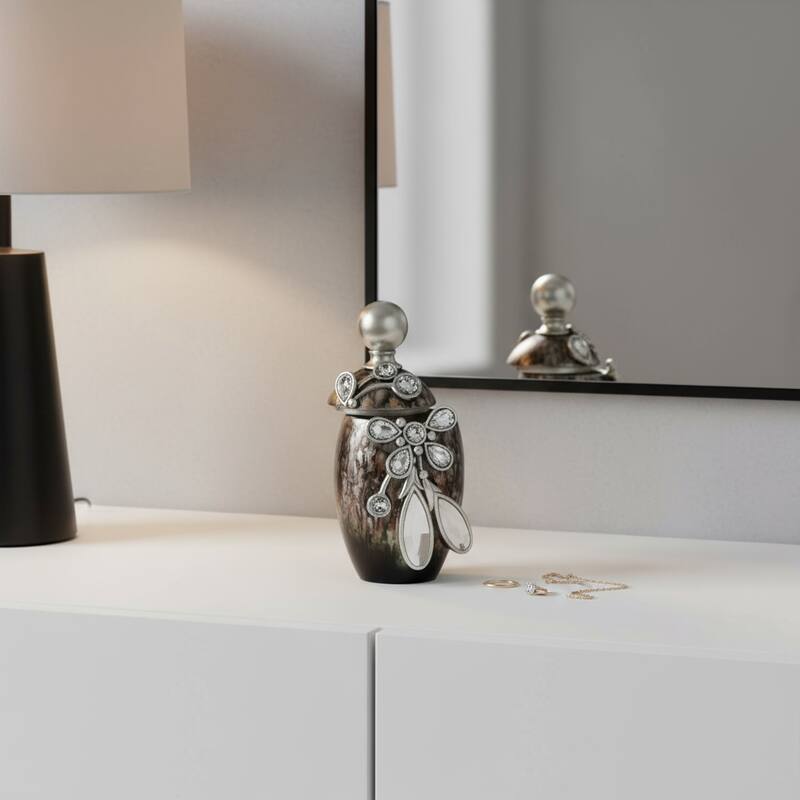 6" Brown Gold And Silver Resin Floral Scroll Jewelry Box With Gemstones and Crystals - Gold/Brown/Silver