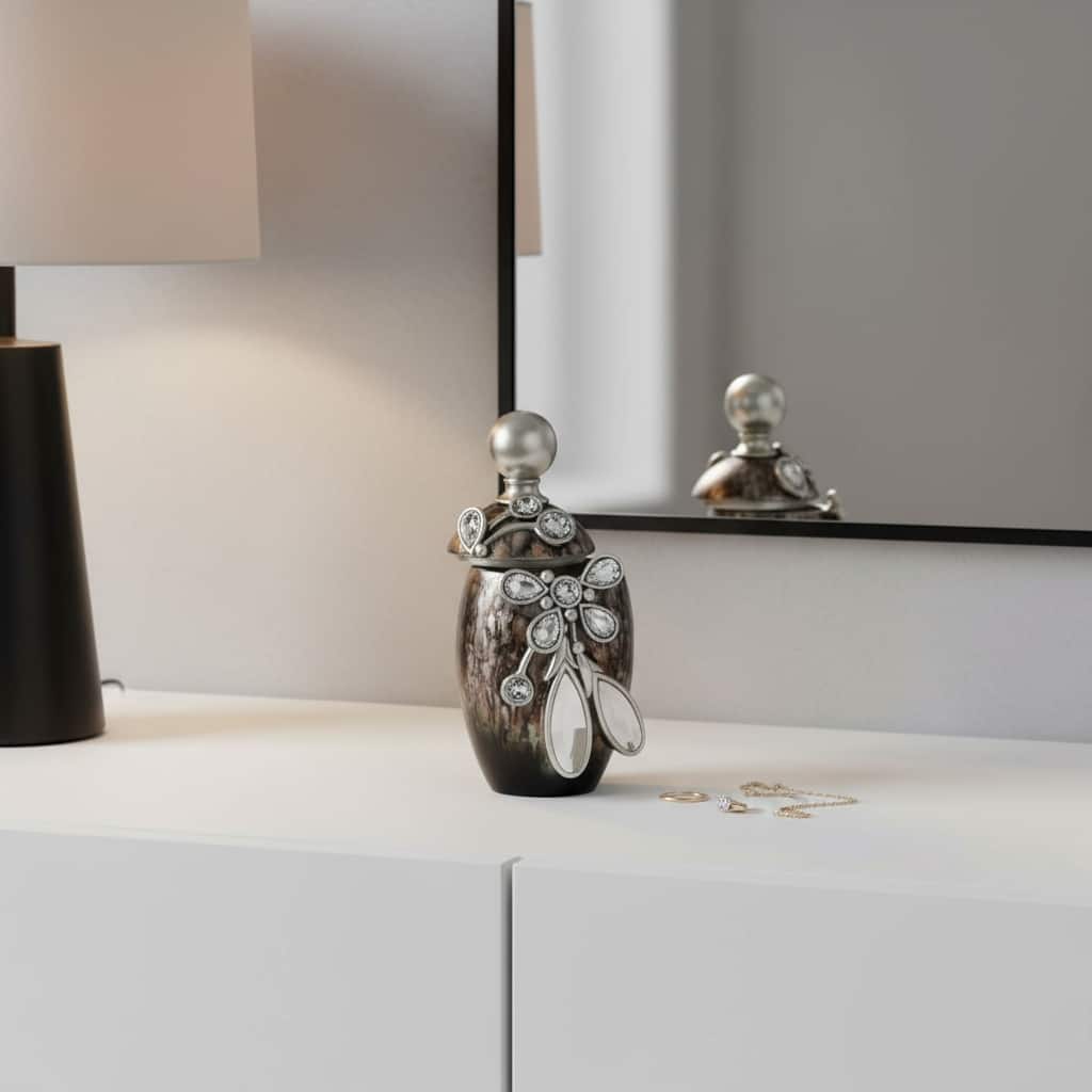 6" Brown Gold And Silver Resin Floral Scroll Jewelry Box With Gemstones and Crystals