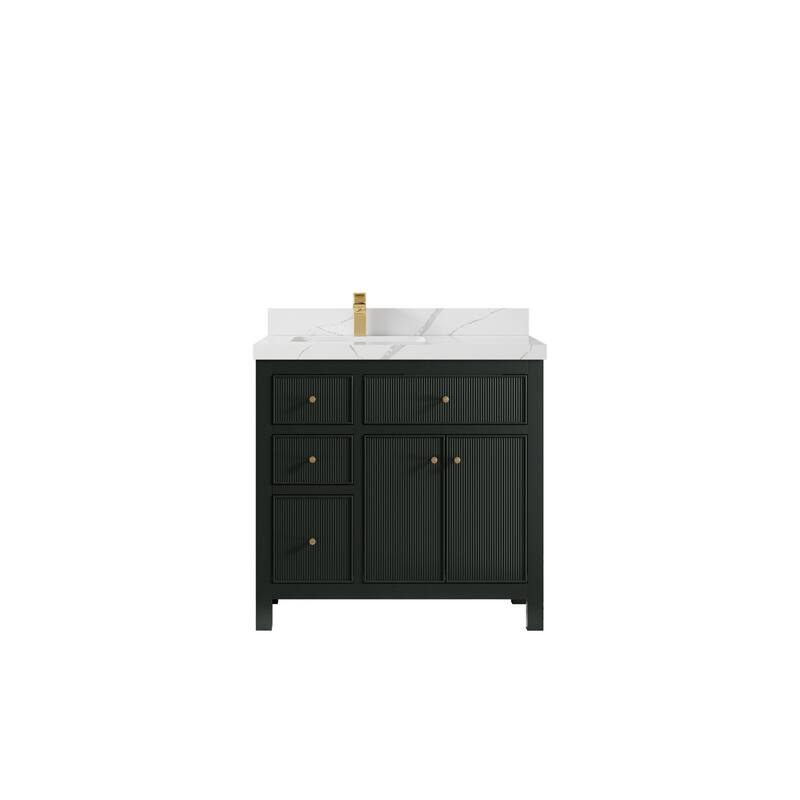 Willow Collections 36 in W x 22 in D Sonoma Left Offset Free Standing Reeded Bathroom Vanity with Countertop - 2" Calacatta Laza - Dark Forest Green