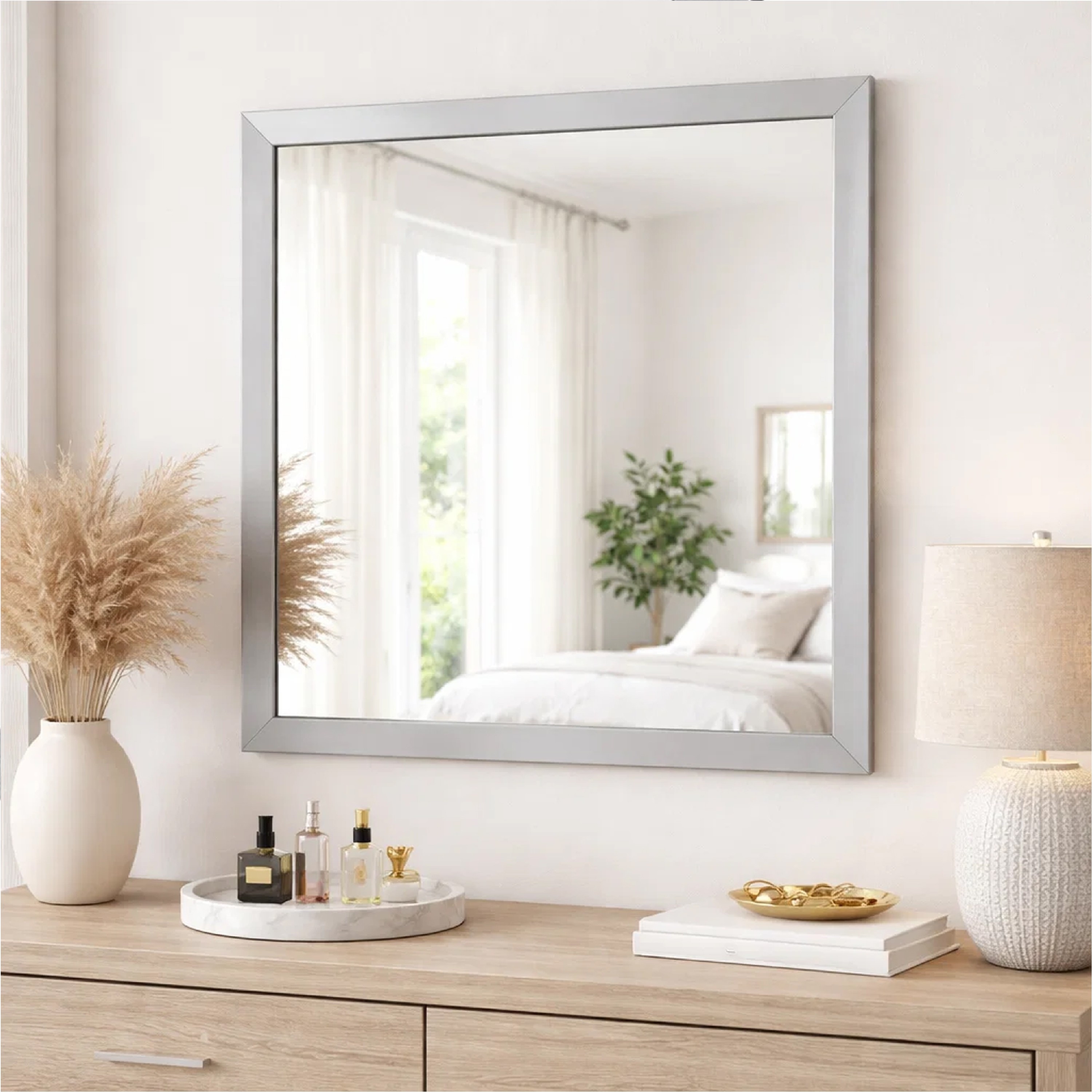 Benjara Moko 40 x 40 Dresser Mirror, Square, Modern Style, Gray Finished Frame