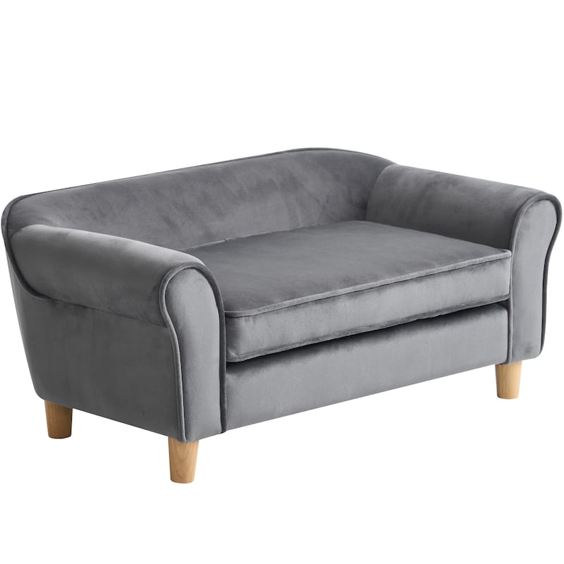 20.67" x 12" x 2.76" Pet Sofa Bed, Grey Velvet Cat Bed and Small Dog Couch with Rubberwood Legs