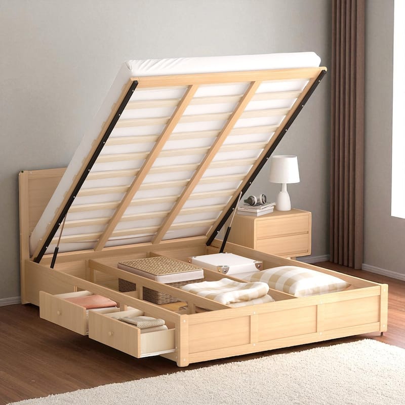 Full/Queen Size Wood Platform Bed with Headboard, 2 Drawers, Extra Storage Space & Sturdy Slats