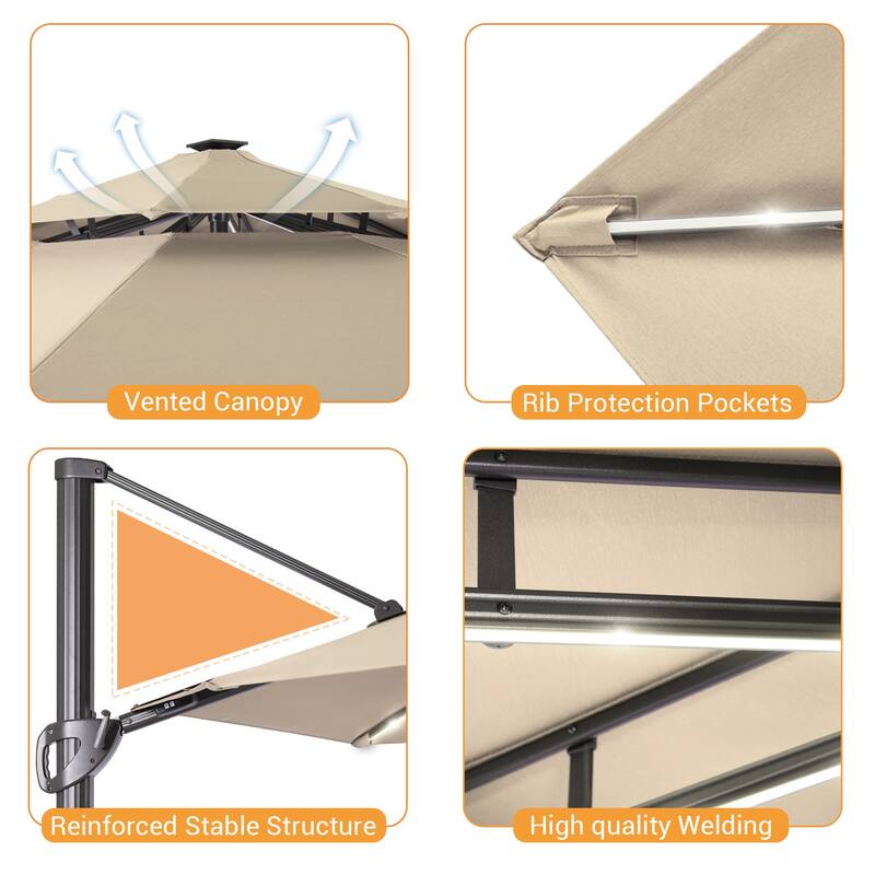 LIVOOSUN 11Ft LED Patio Hanging Octagon Cantilever Umbrella with 360-degree Rotating Canopy