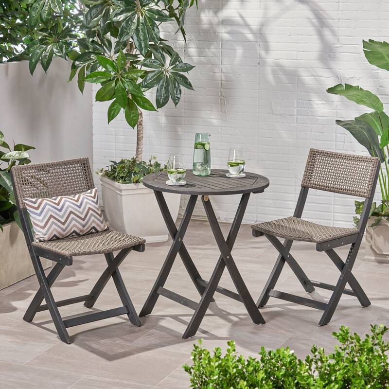 3 Piece Acacia Wood Patio Folding Bistro Set with Wicker Weave Seating and Backrest
