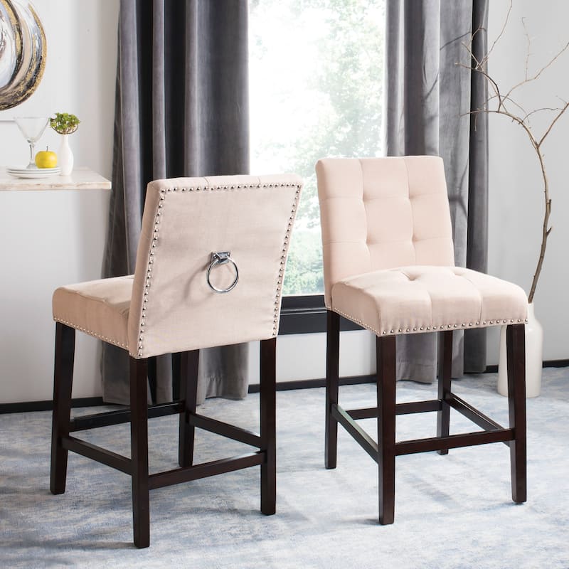 SAFAVIEH Vivien 27-inch Tufted Counter Stool (Set of 2) - 19Wx23Dx40H - Beige/Chrome Nh+Ring/Espresso Leg